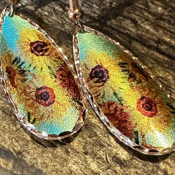 Handmade Boho Copper Earrings, Diamond Cut Van Gogh Sunflowers Earrings, Gift B - Picture 8 of 10